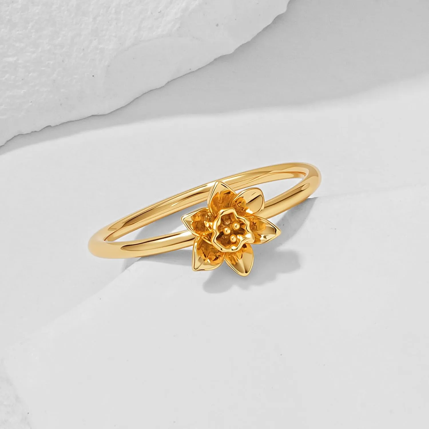 Birth Flower Ring for Women 14K Gold Plated Floral Minimalist Stackable Finger Jewelry Birthday Gifts