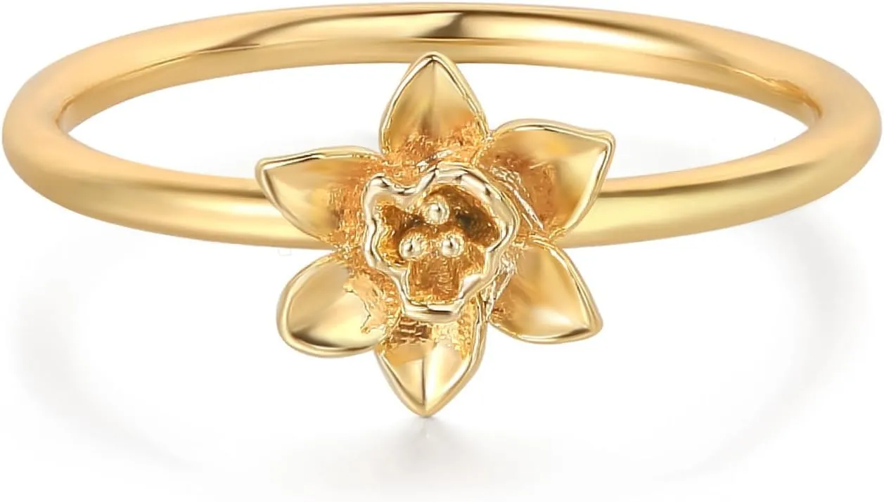 Birth Flower Ring for Women 14K Gold Plated Floral Minimalist Stackable Finger Jewelry Birthday Gifts