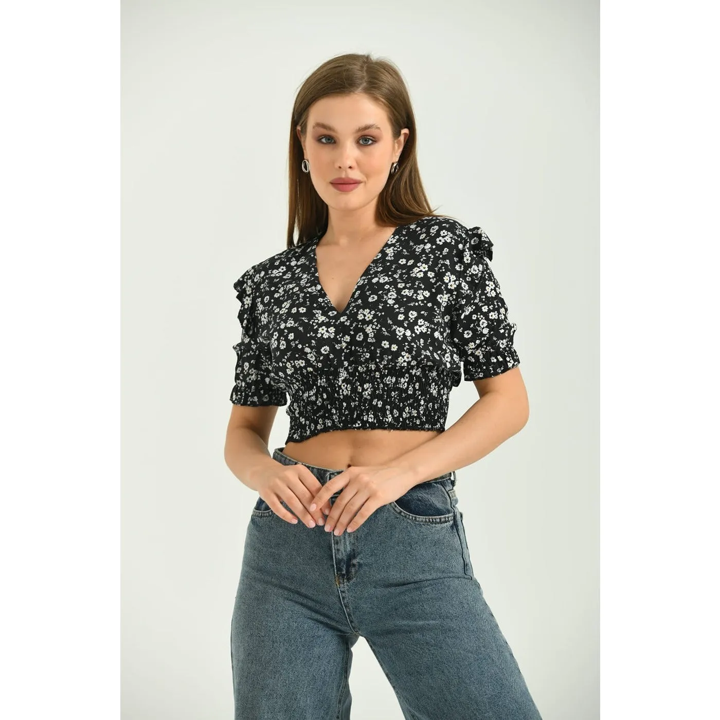 Black Floral Balloon Sleeves Top