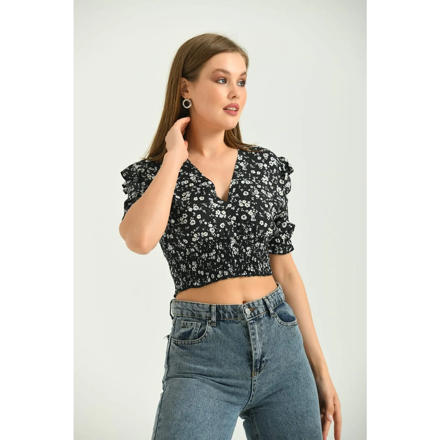 Black Floral Balloon Sleeves Top