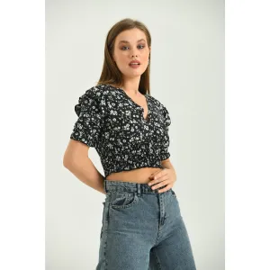 Black Floral Balloon Sleeves Top
