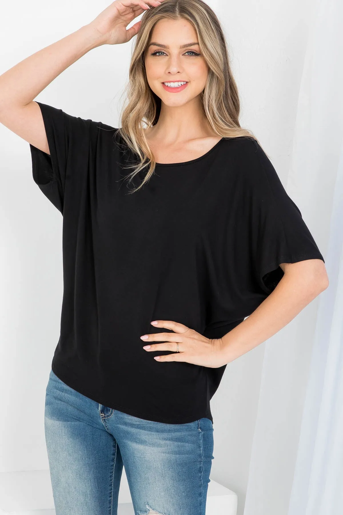 BLACK ROUND NECKLINE BATWING BLOUSE TOP