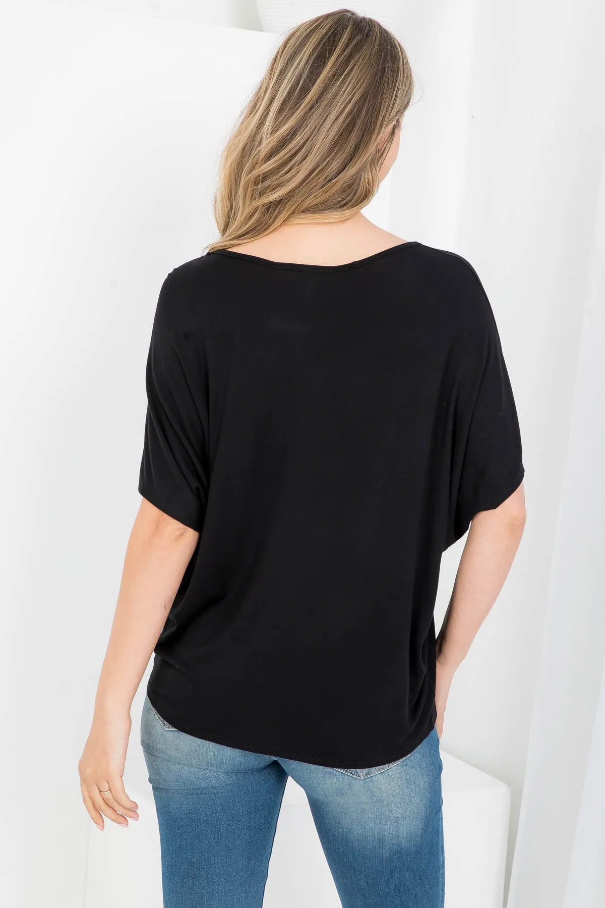 BLACK ROUND NECKLINE BATWING BLOUSE TOP