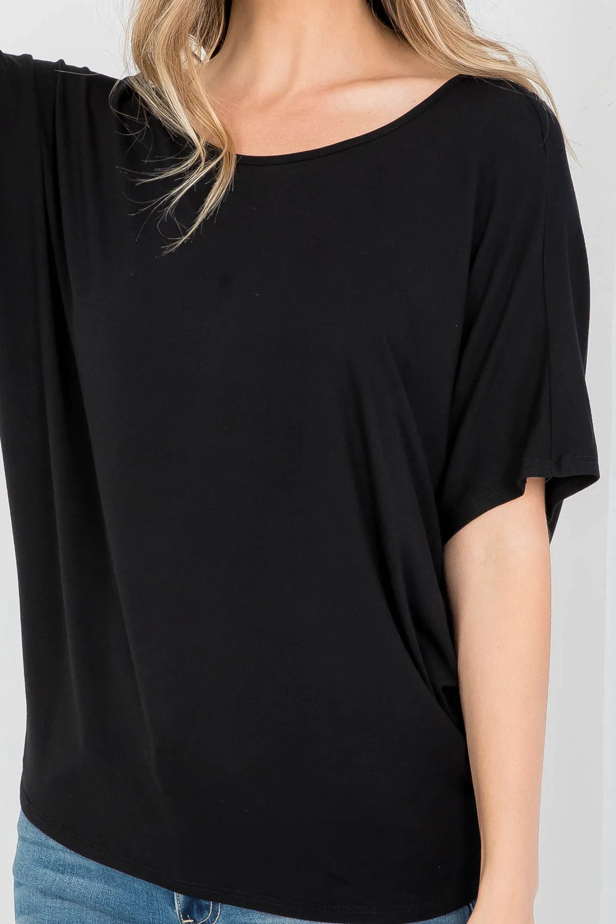BLACK ROUND NECKLINE BATWING BLOUSE TOP