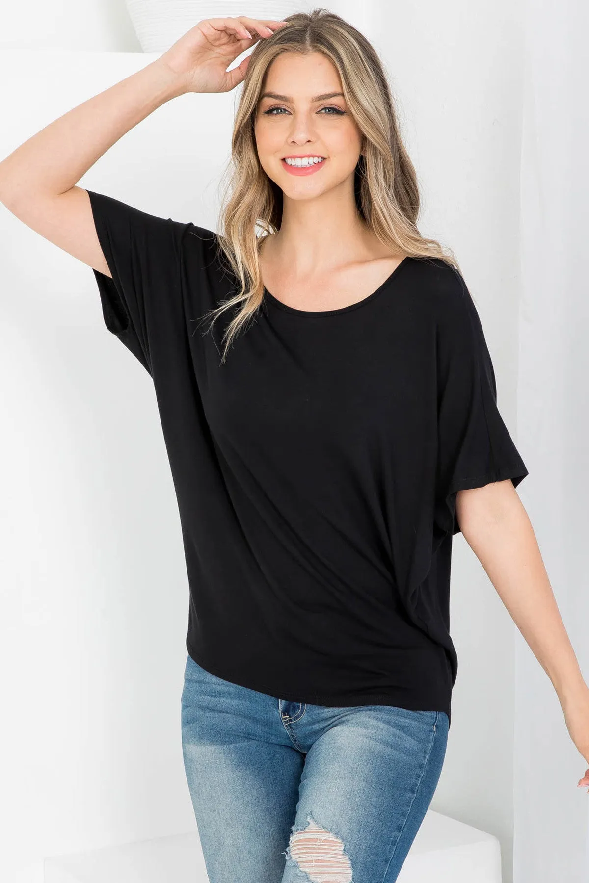 BLACK ROUND NECKLINE BATWING BLOUSE TOP