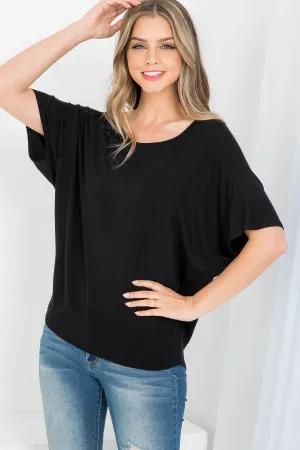 BLACK ROUND NECKLINE BATWING BLOUSE TOP