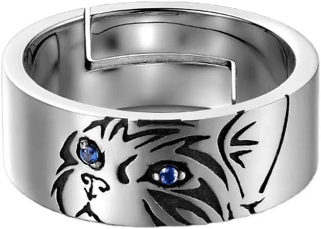 Blue CZ Eye Cat Wide Band Ring Lovely Animal Statement Open Ring for Men Women Adjustable Knuckle Middle Finger Cute Fashion Gifts for Pet Lover Birthday Christmas Bff Personalized Jewelry Comfort Fit