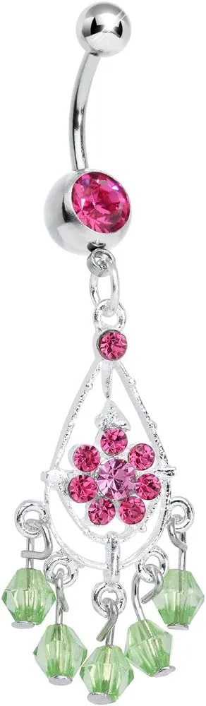 Body Candy Pink Green Drops Pink Flower Chandelier Belly Ring