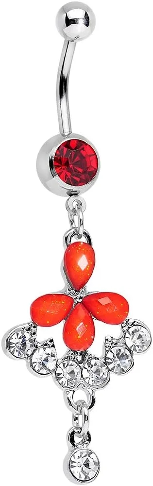 Body Candy Stainless Steel Clear Drops and Red Glittery Flower Dangle Belly Ring