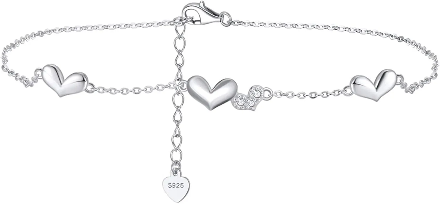 Boho Anklets Women, Womens Anklets Sterling Silver Chain with Heart Anklets Women with White Round Shape Cubic Zirconia