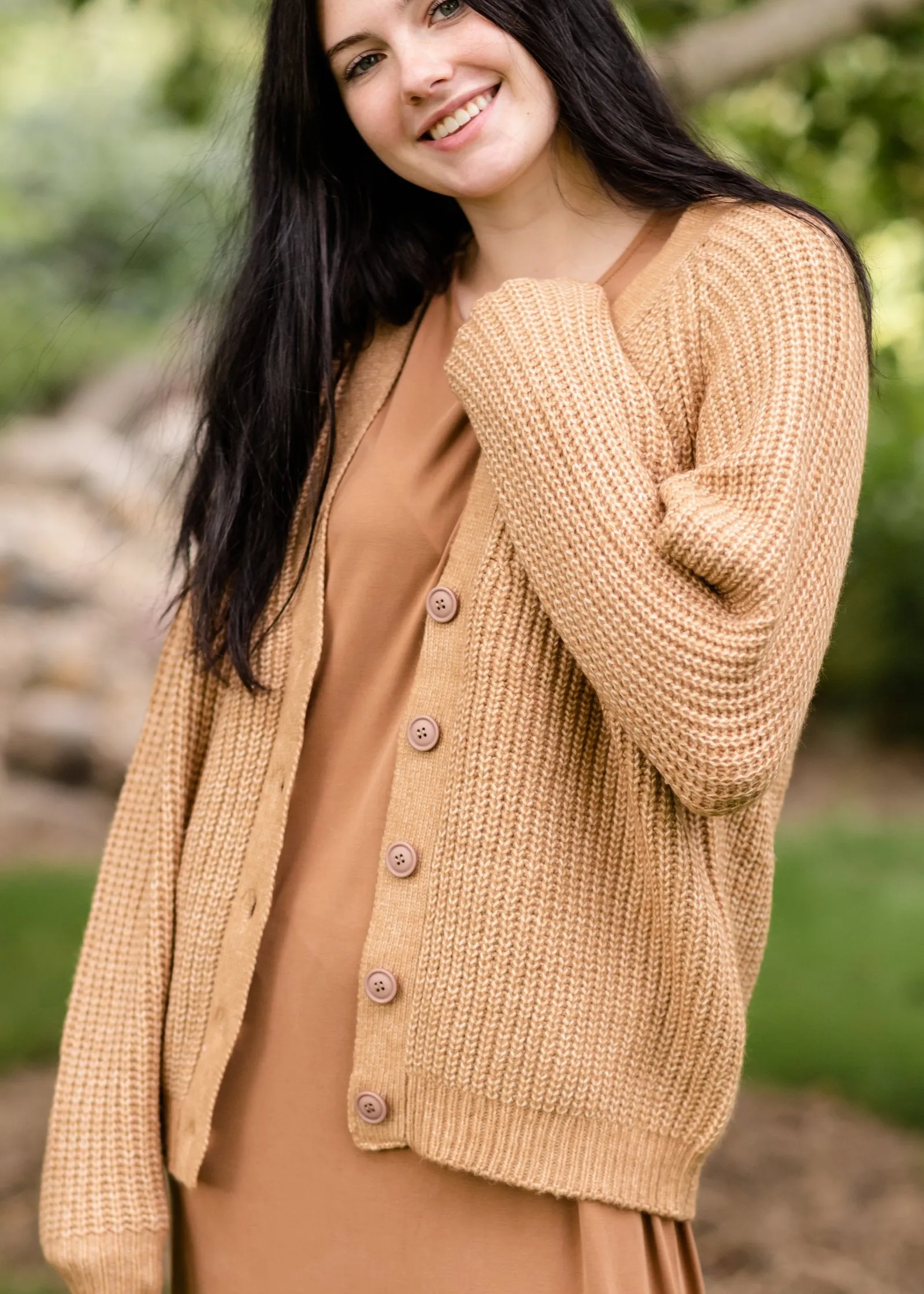 Button Front V-Neck Raglan Long Sleeve Cardigan - FINAL SALE