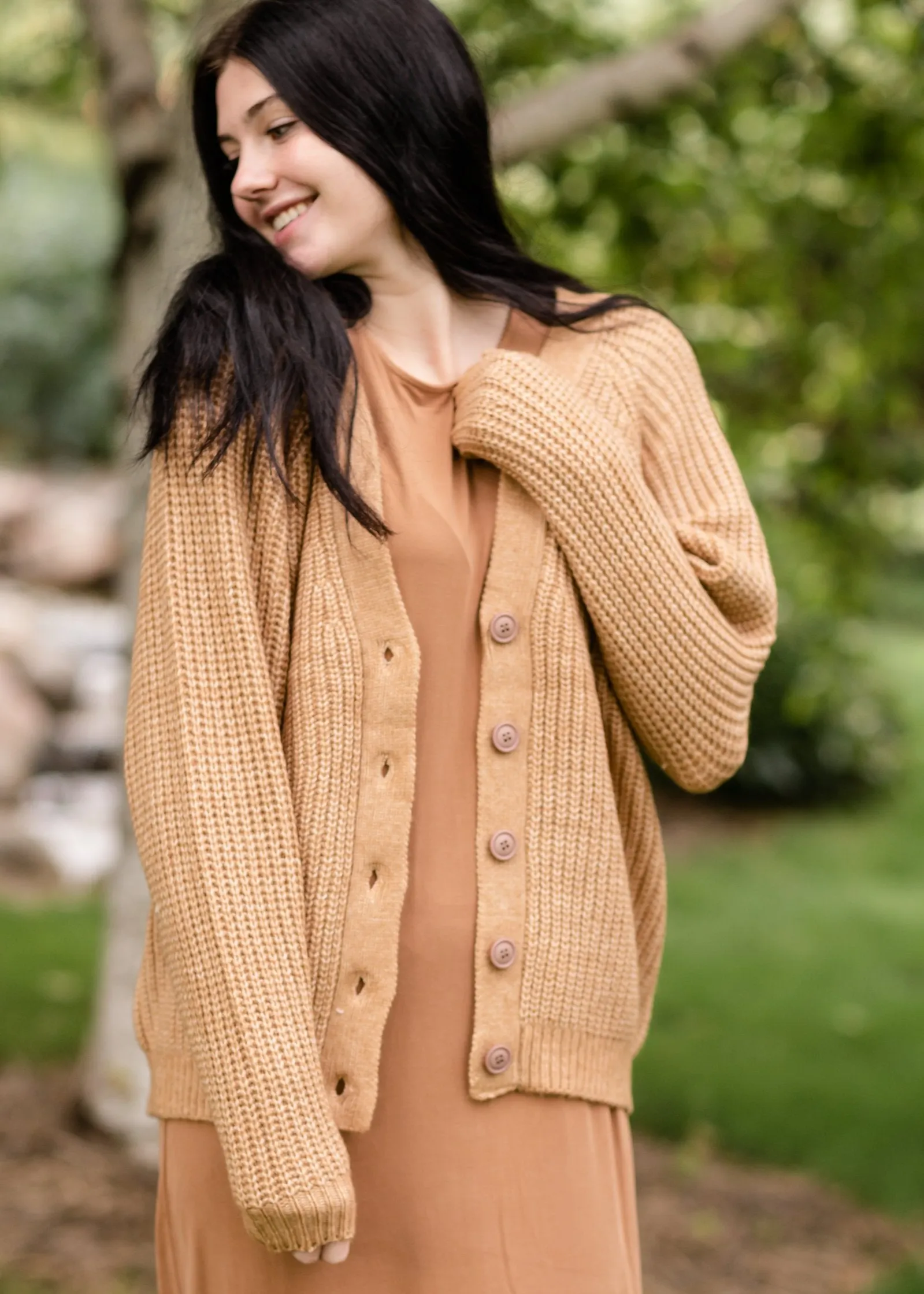 Button Front V-Neck Raglan Long Sleeve Cardigan - FINAL SALE