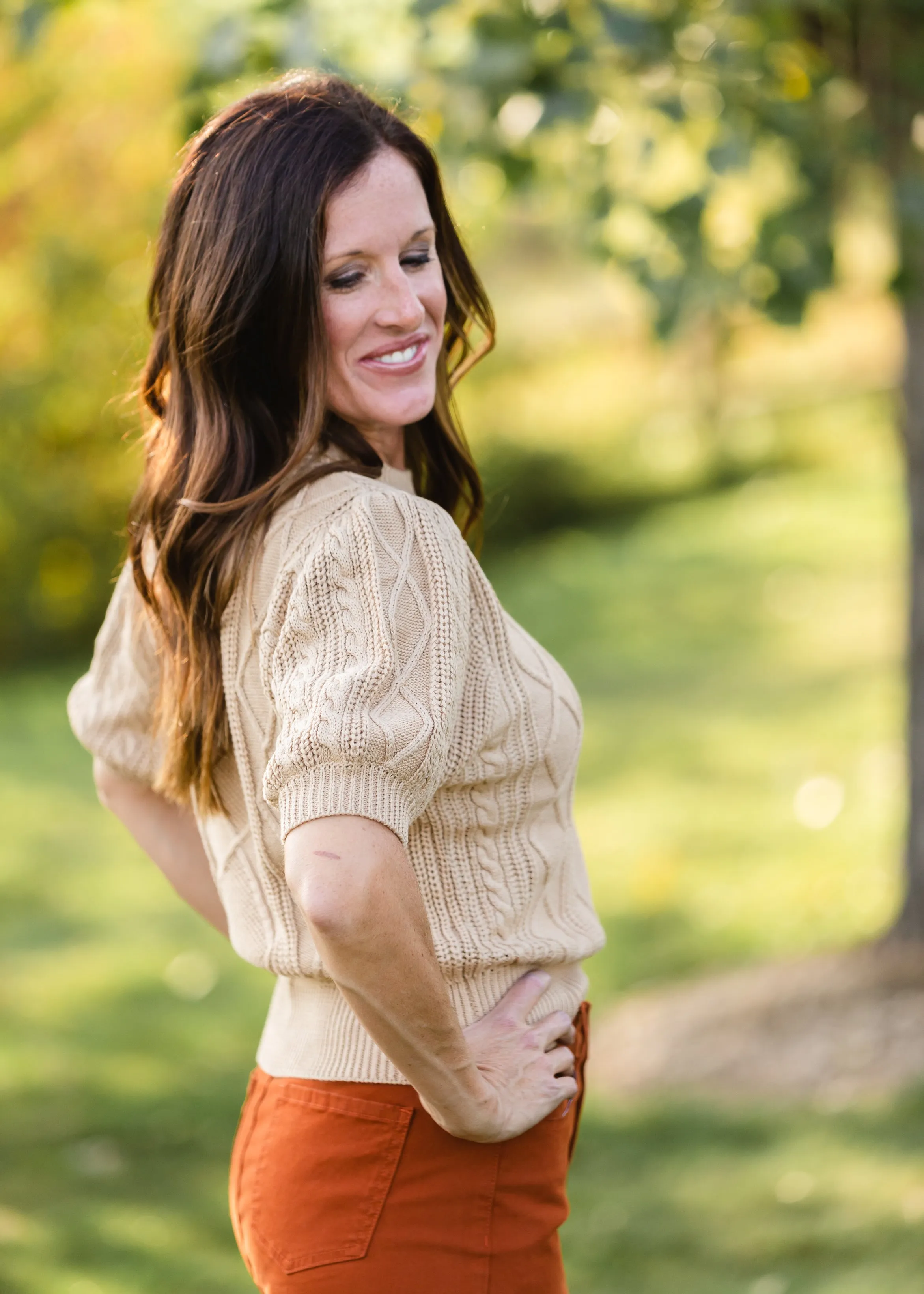 Camel Cable Knit Puff Sleeve Sweater - FINAL SALE