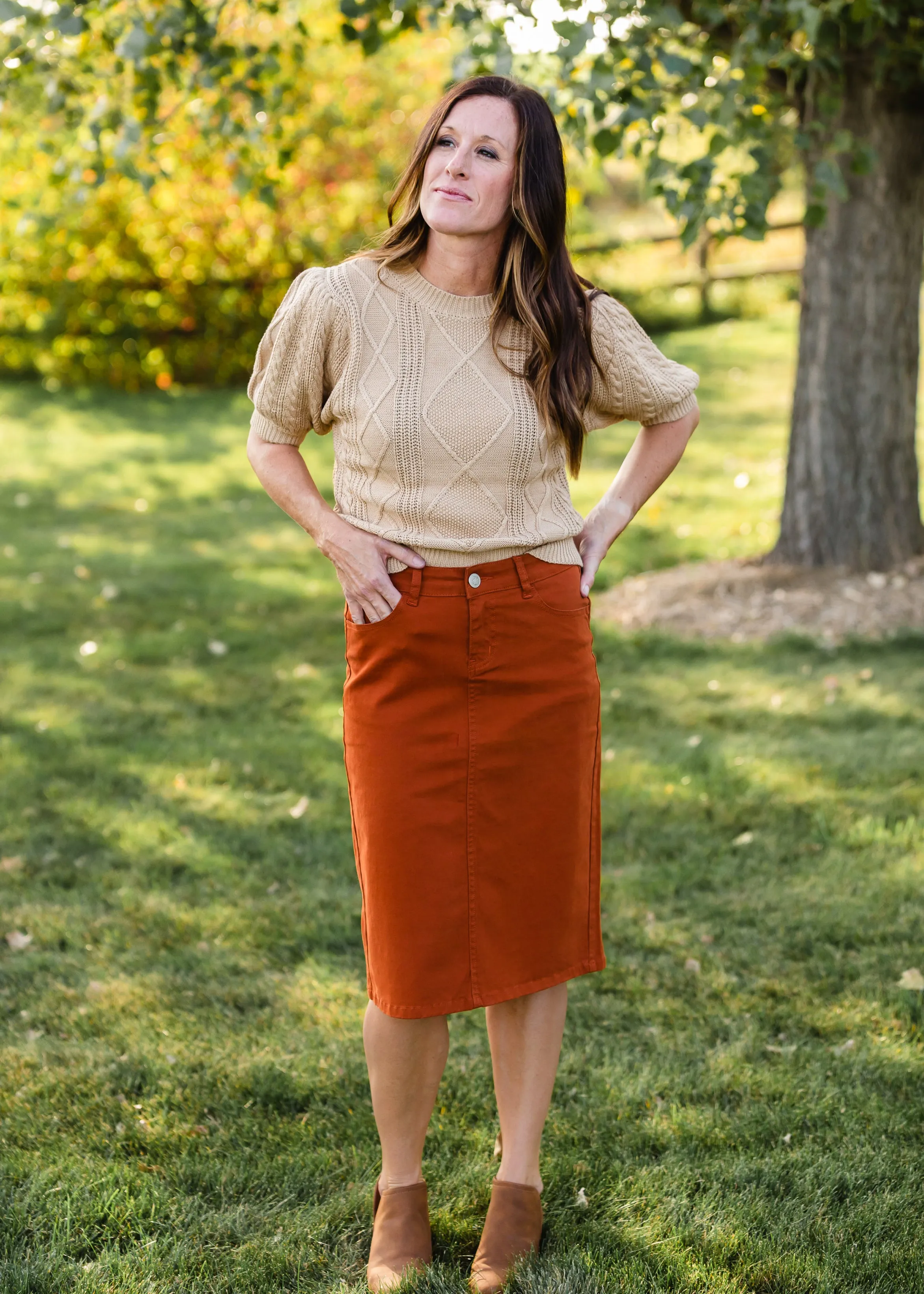 Camel Cable Knit Puff Sleeve Sweater - FINAL SALE