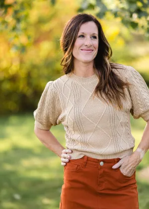 Camel Cable Knit Puff Sleeve Sweater - FINAL SALE