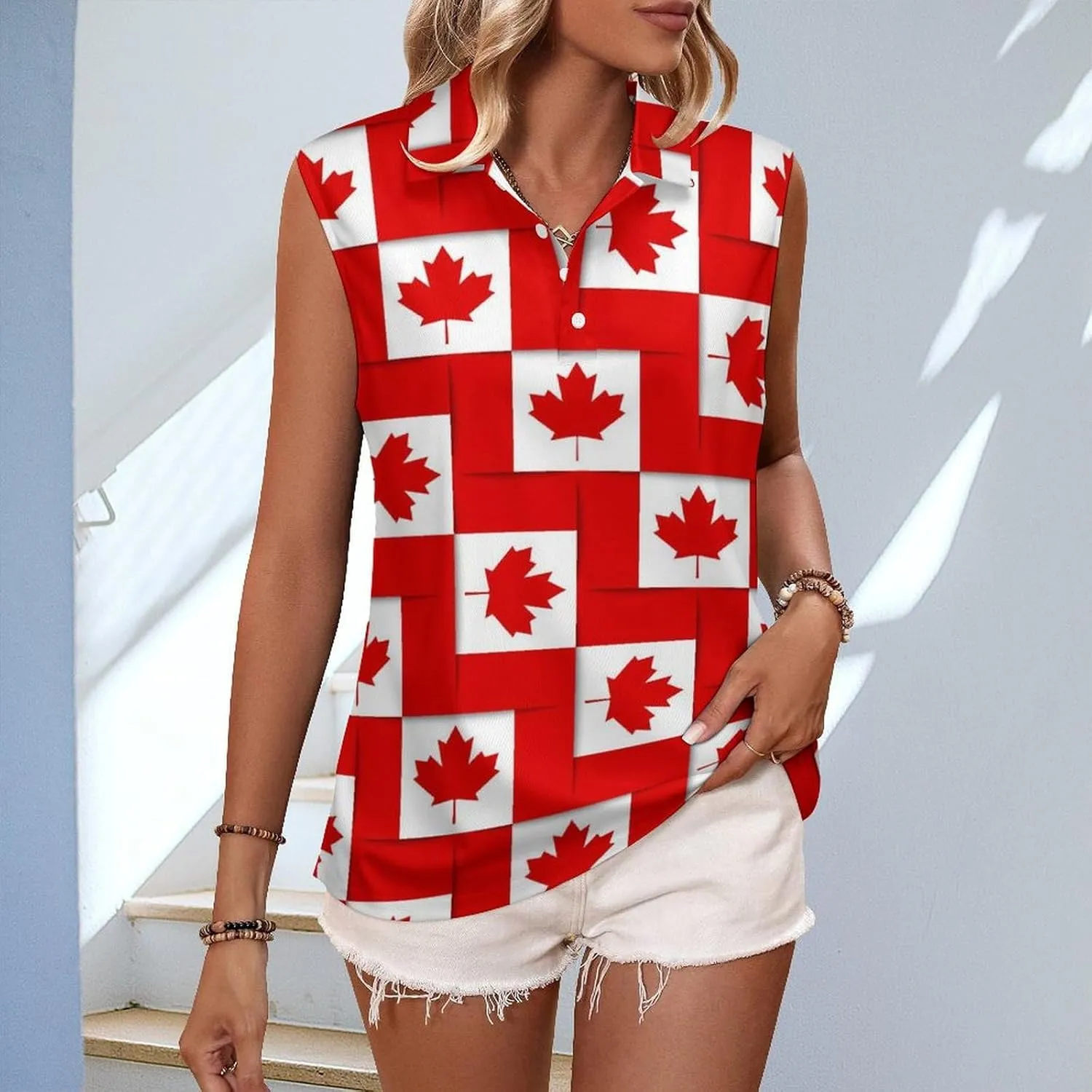 Canadian Canada Flag Women's Sleeveless Golf Polo Shirts Athletic Tank Tops