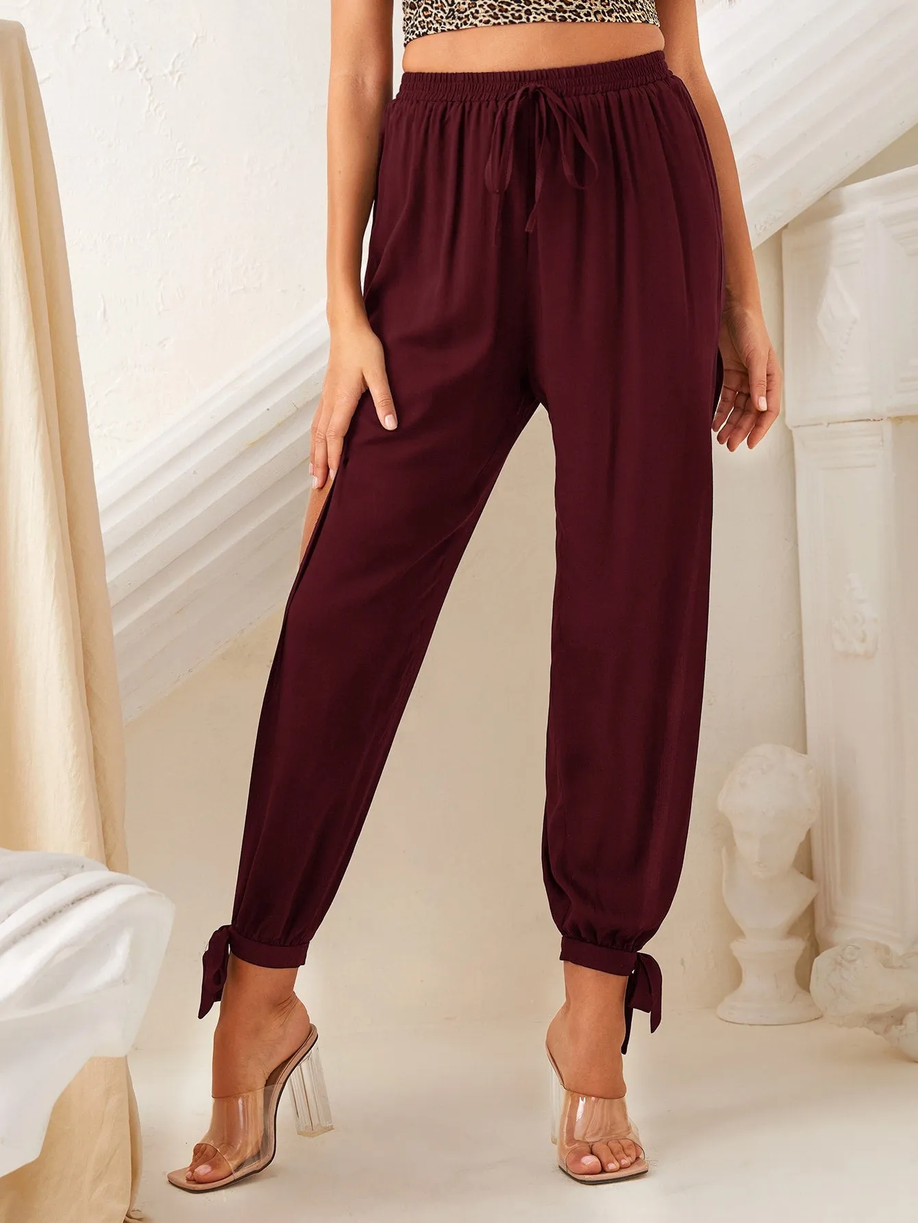 Casual Plain Split Thigh High Waist Cropped Women Pants