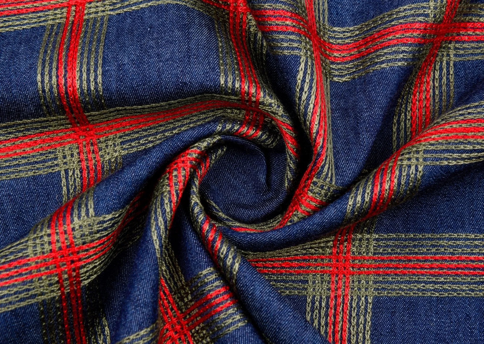 Chambray Denim Plaid Embroidery  Fabric CE122