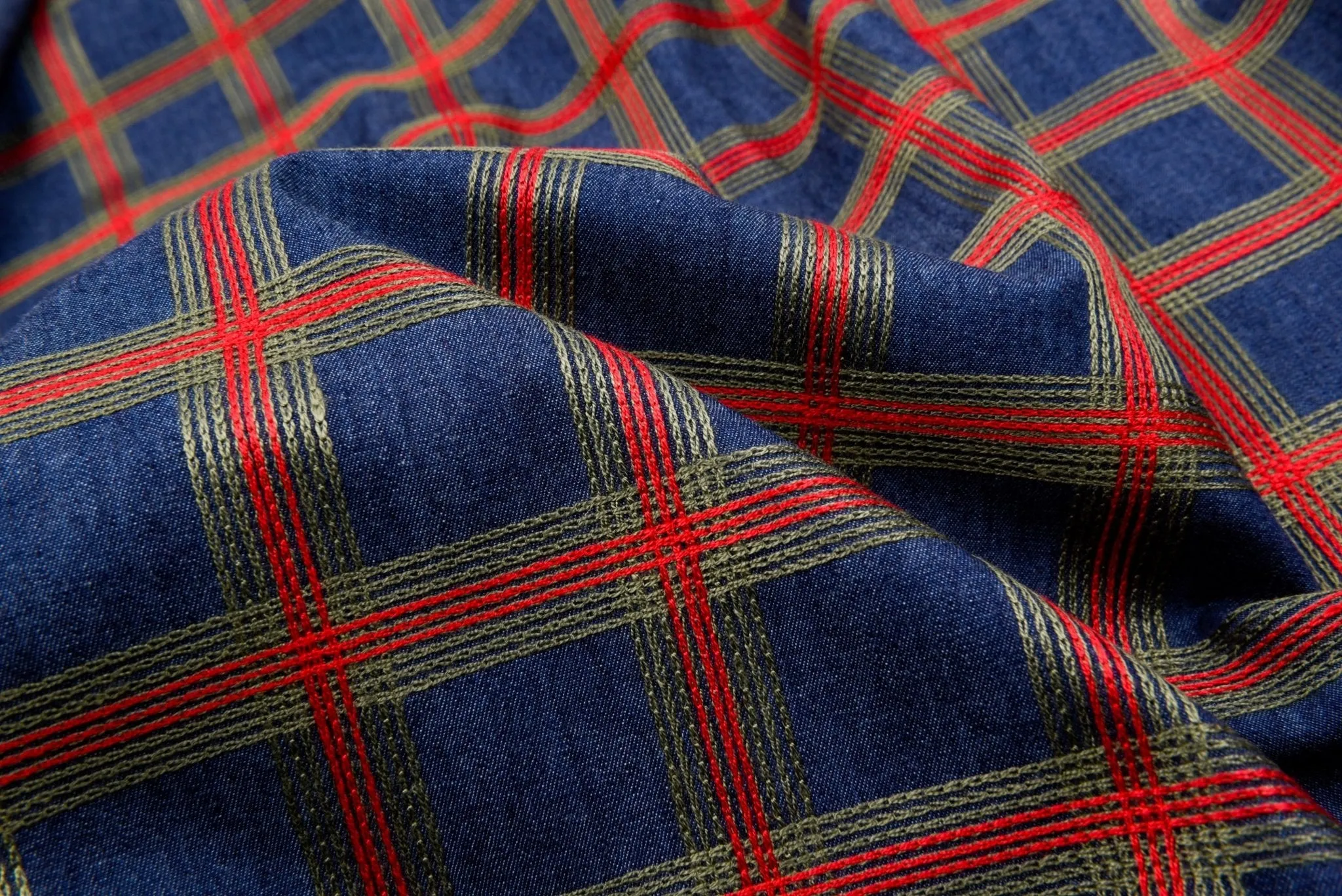 Chambray Denim Plaid Embroidery  Fabric CE122