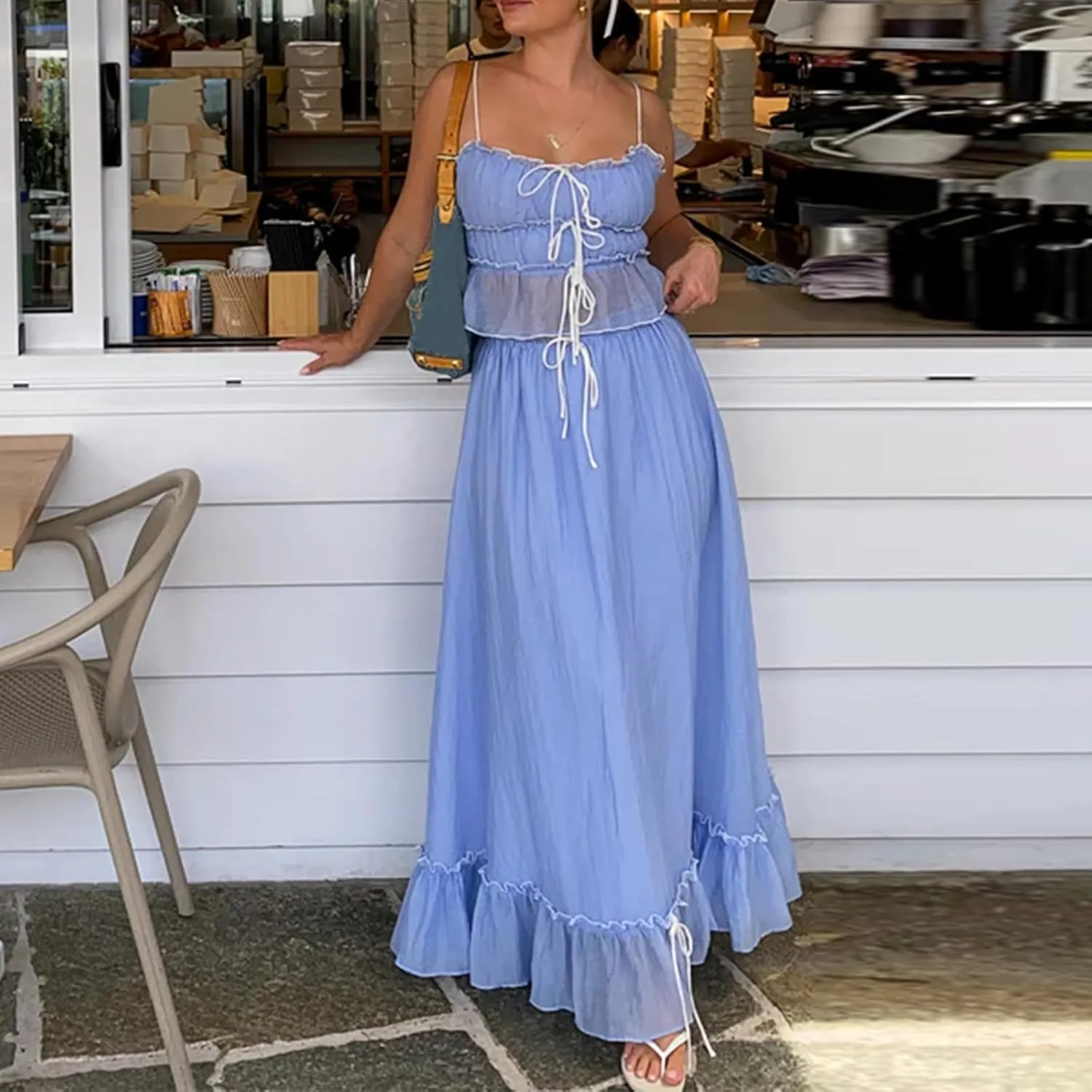 Chloefairy Women 2 Piece Maxi Skirt Set Patchwork Front Tie-Up Spaghetti Strap Camisoles Matching with Ruffle Long Skirt