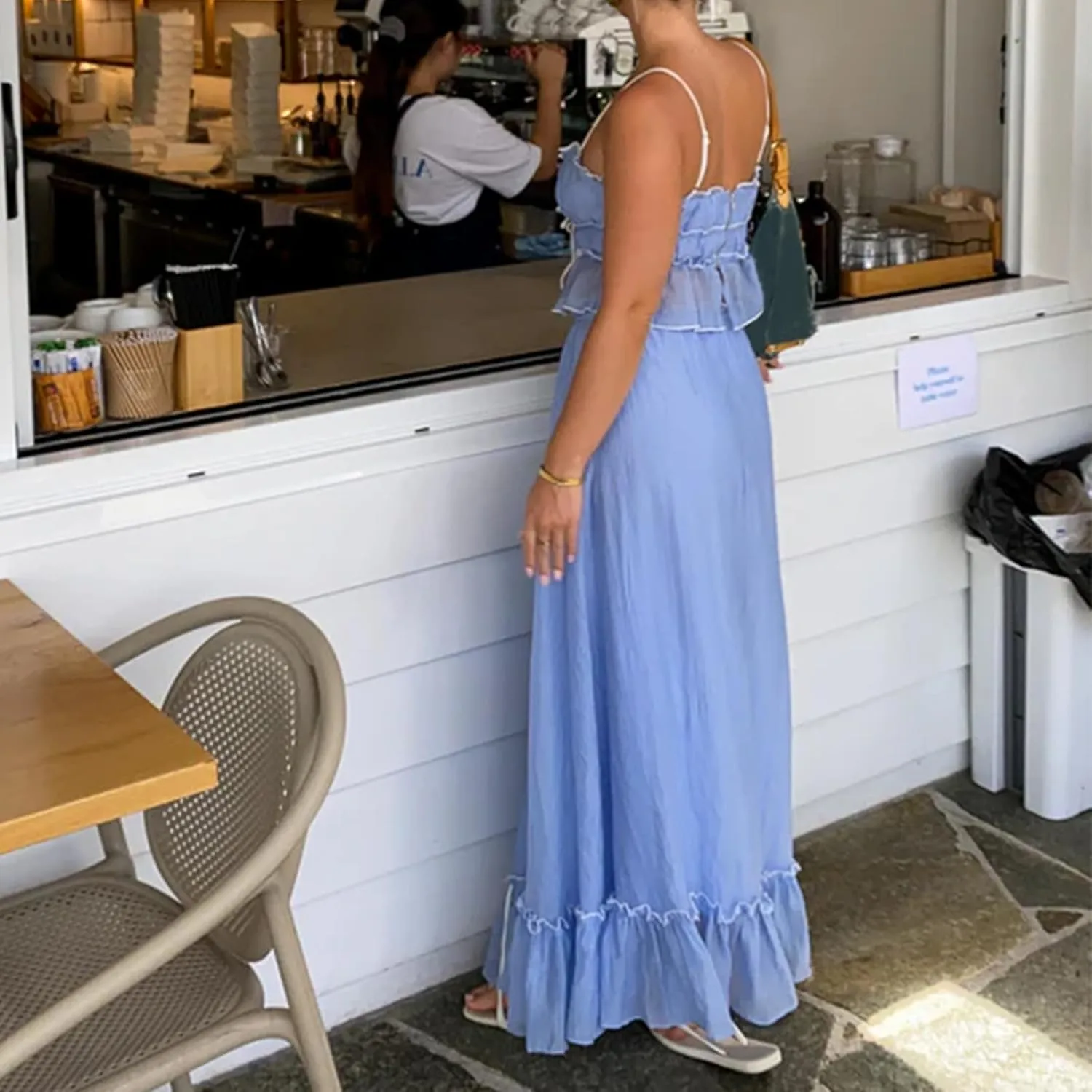 Chloefairy Women 2 Piece Maxi Skirt Set Patchwork Front Tie-Up Spaghetti Strap Camisoles Matching with Ruffle Long Skirt