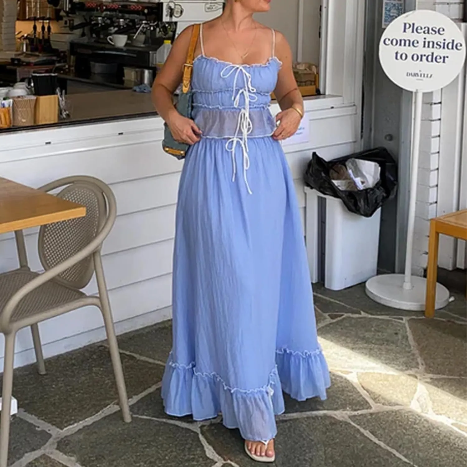 Chloefairy Women 2 Piece Maxi Skirt Set Patchwork Front Tie-Up Spaghetti Strap Camisoles Matching with Ruffle Long Skirt