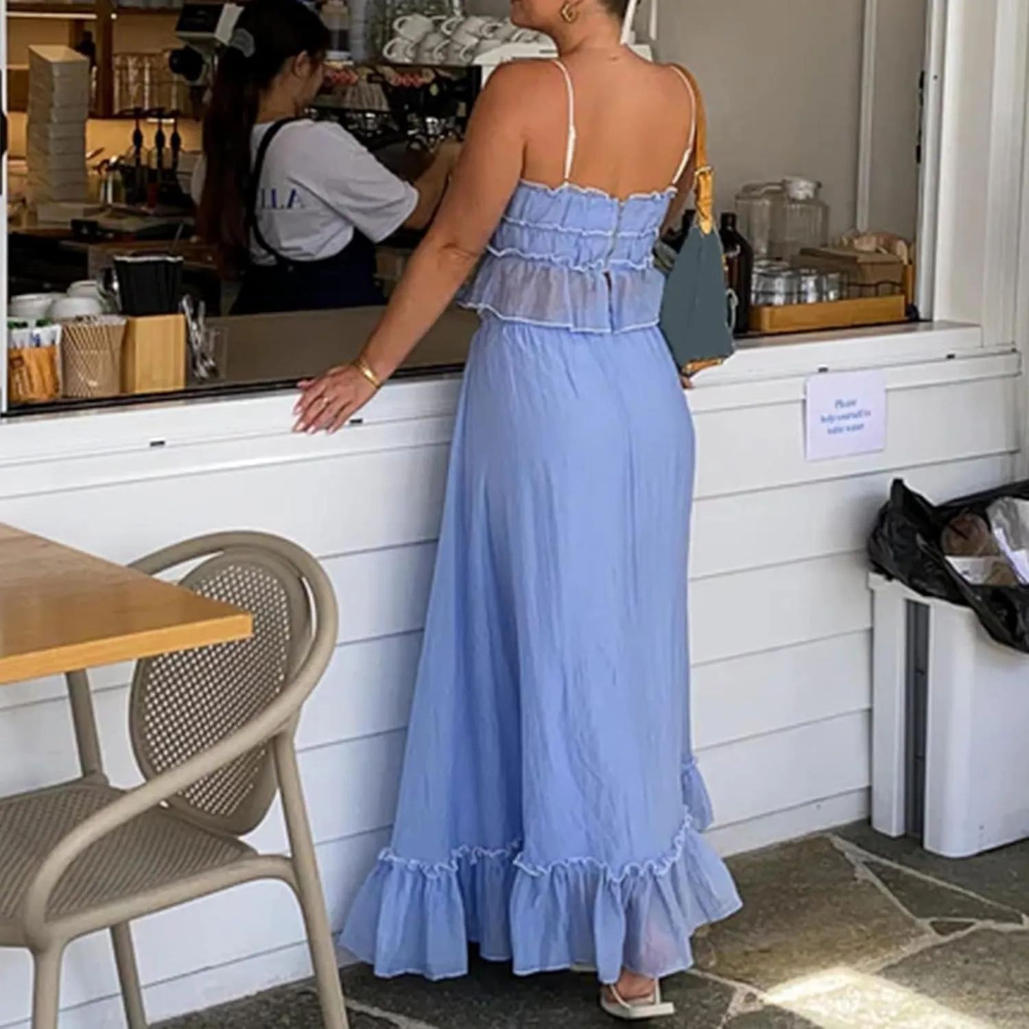 Chloefairy Women 2 Piece Maxi Skirt Set Patchwork Front Tie-Up Spaghetti Strap Camisoles Matching with Ruffle Long Skirt
