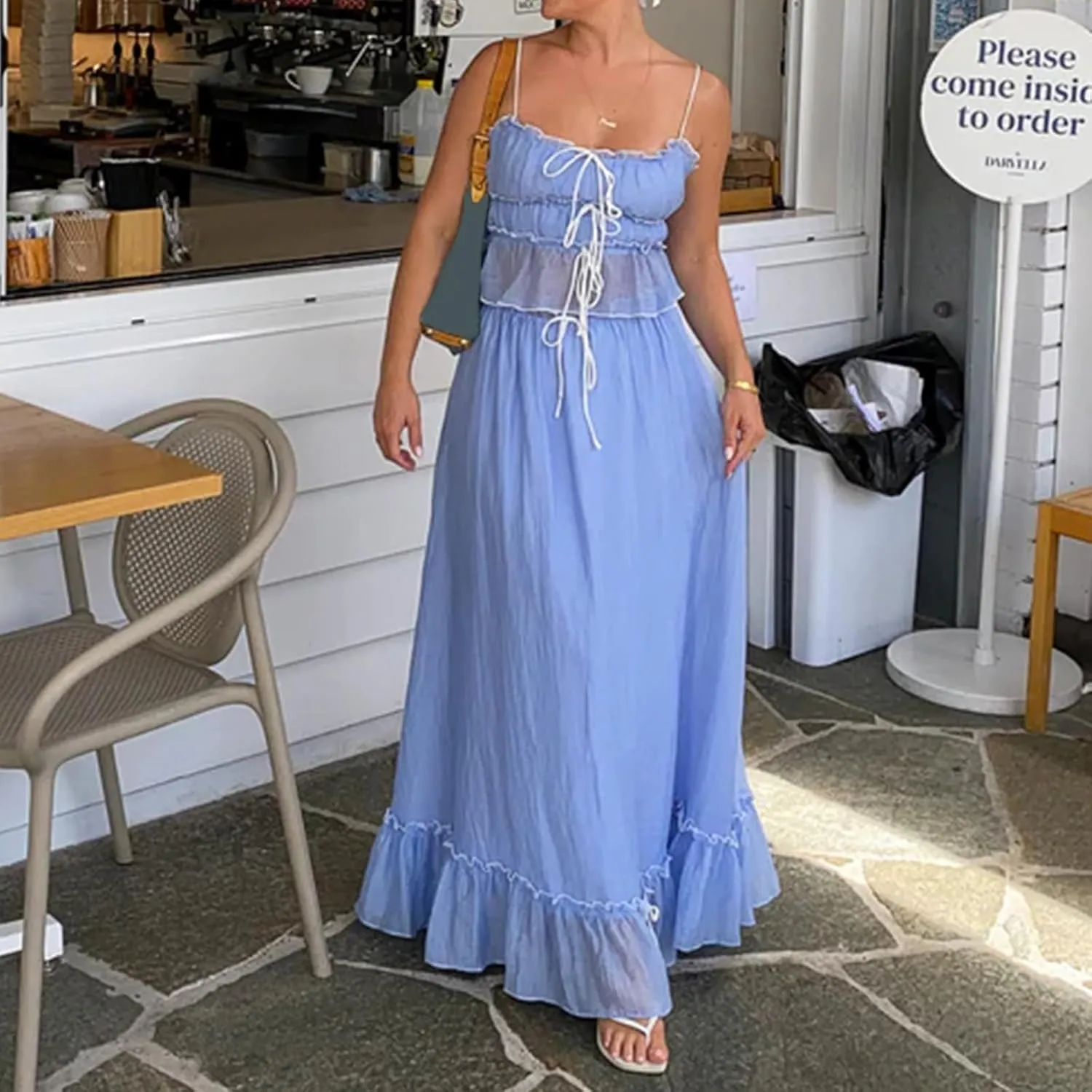 Chloefairy Women 2 Piece Maxi Skirt Set Patchwork Front Tie-Up Spaghetti Strap Camisoles Matching with Ruffle Long Skirt