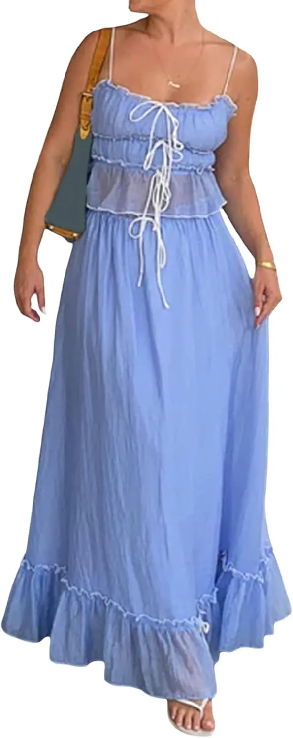 Chloefairy Women 2 Piece Maxi Skirt Set Patchwork Front Tie-Up Spaghetti Strap Camisoles Matching with Ruffle Long Skirt