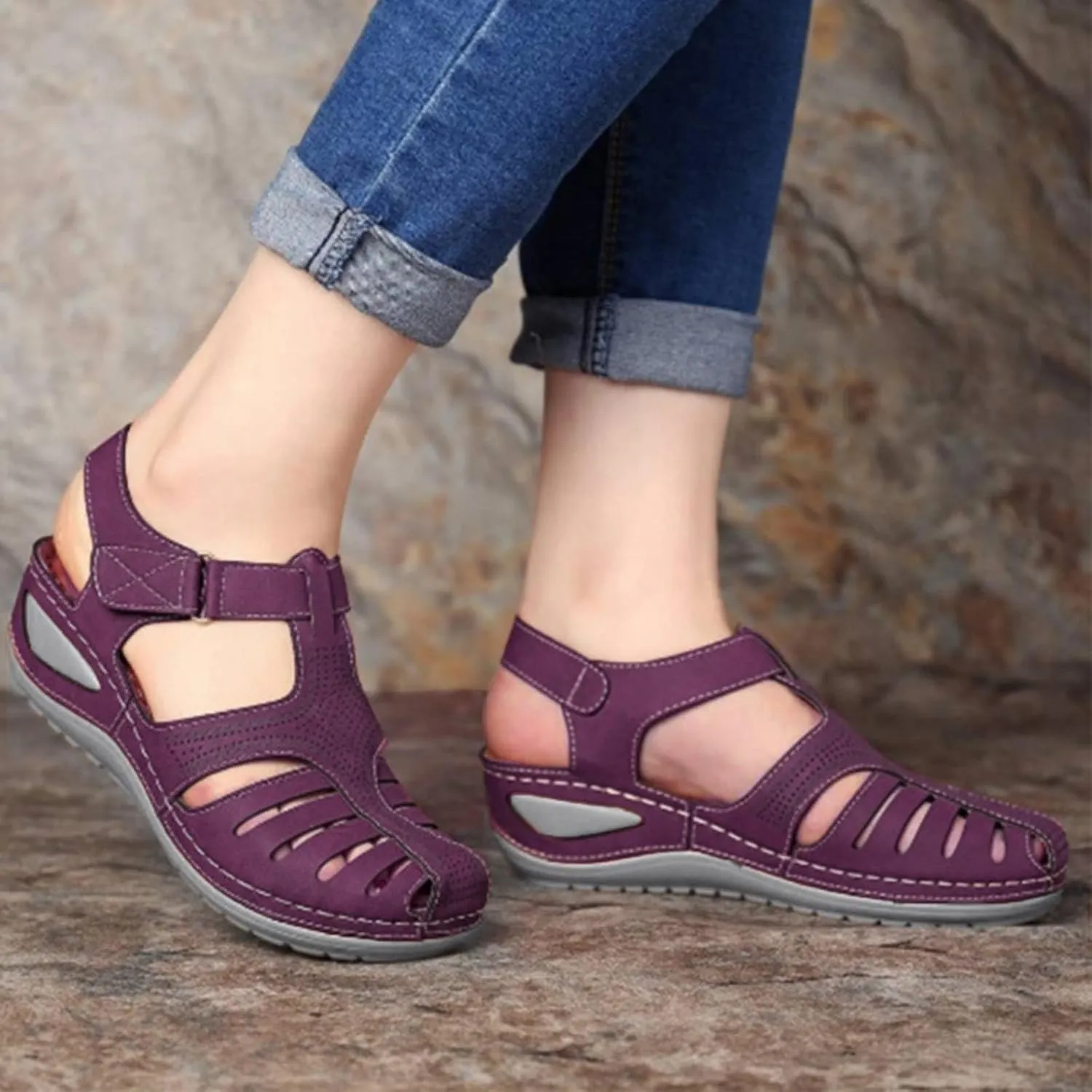 Closed Toe Sandals Women Arch Support Sandals Dressy Summer Ankle Strap Non-Slip Hollow Out Wedge Beach Shoes