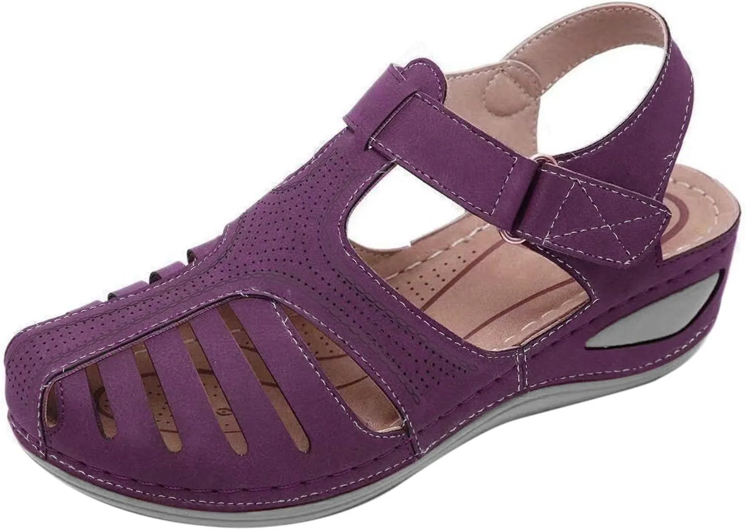 Closed Toe Sandals Women Arch Support Sandals Dressy Summer Ankle Strap Non-Slip Hollow Out Wedge Beach Shoes
