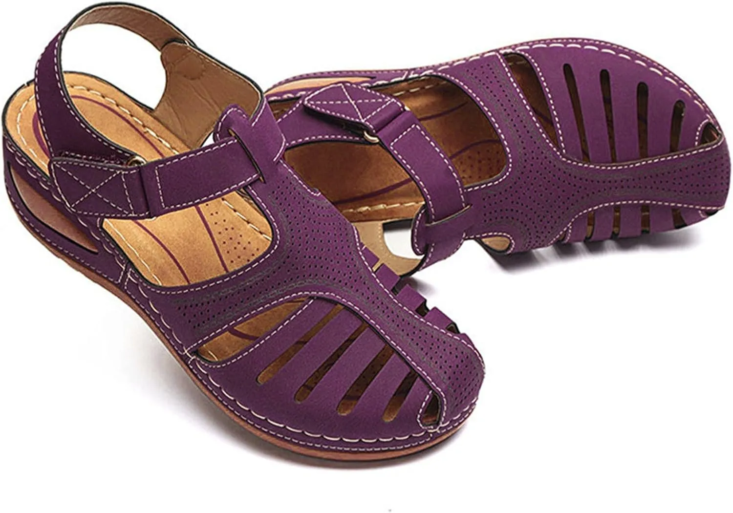 Closed Toe Sandals Women Arch Support Sandals Dressy Summer Ankle Strap Non-Slip Hollow Out Wedge Beach Shoes