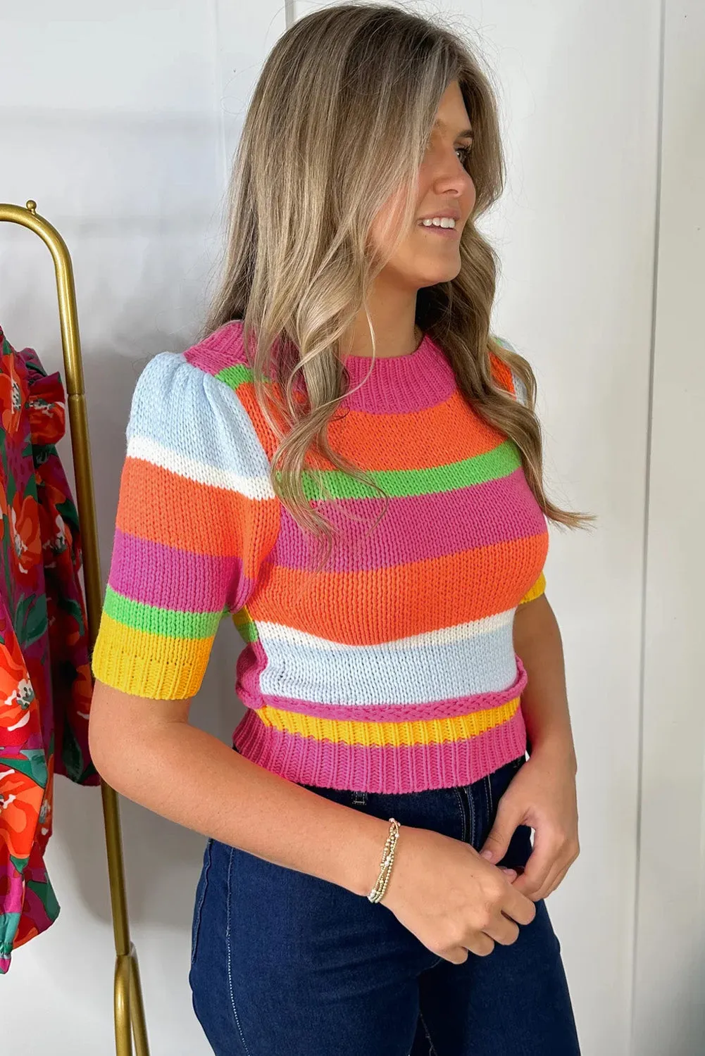 Color Block Cropped Short Sleeve Sweater