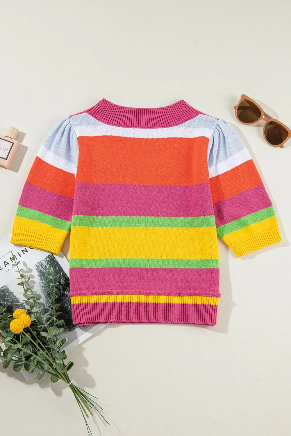 Color Block Cropped Short Sleeve Sweater