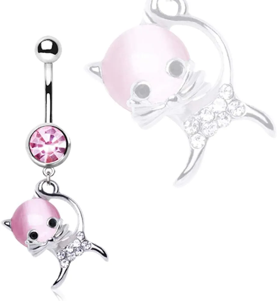 Covet Jewelry 316L Stainless Steel Cat's Eye Kitty Cat Dangle Navel Ring