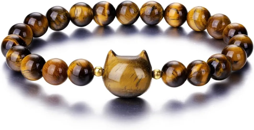 CrystalTears Crystal Cat Bracelet for Women Men 8mm Crystal Stone Bead Bracelets Protection Healing Crystals Gemstones Stretch Bracelet Good Luck Bracelet Jewelry Cat Gifts for Mom Women