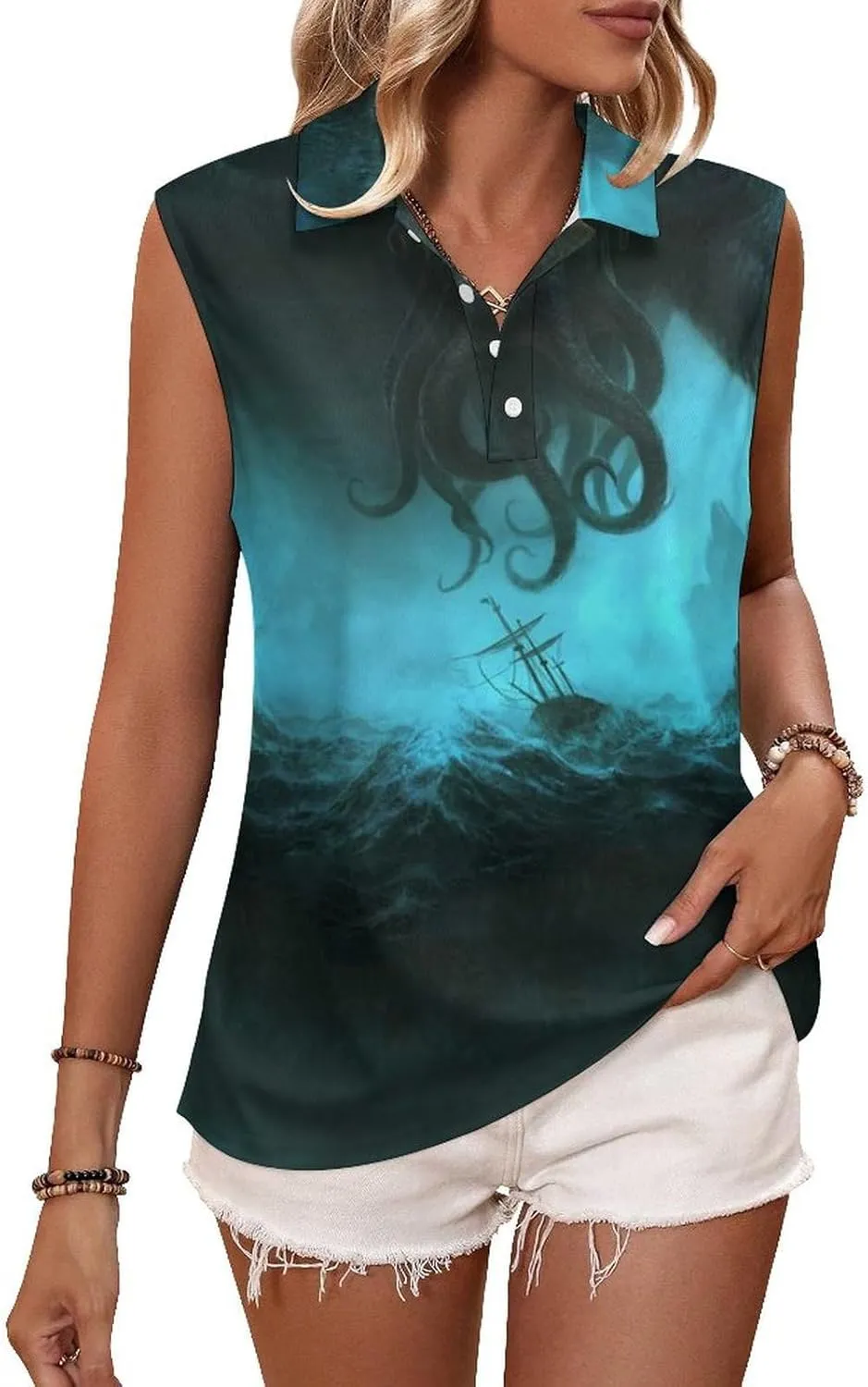 Cthulhuss in Deep Ocean Women's Sleeveless Golf Polo Shirts Athletic Tank Tops