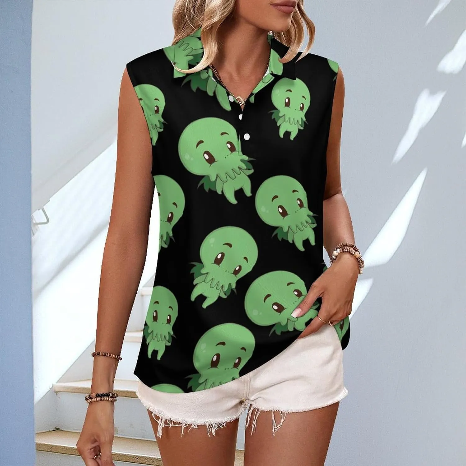 Cute Little Cthulhuss Women's Sleeveless Golf Polo Shirts Athletic Tank Tops