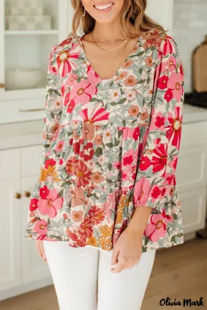 Deanwangkt - Floral Print Ruched Babydoll V-Neck Blouse