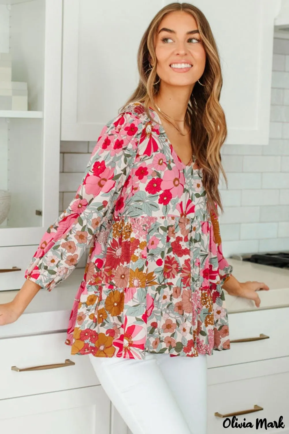 Deanwangkt - Floral Print Ruched Babydoll V-Neck Blouse