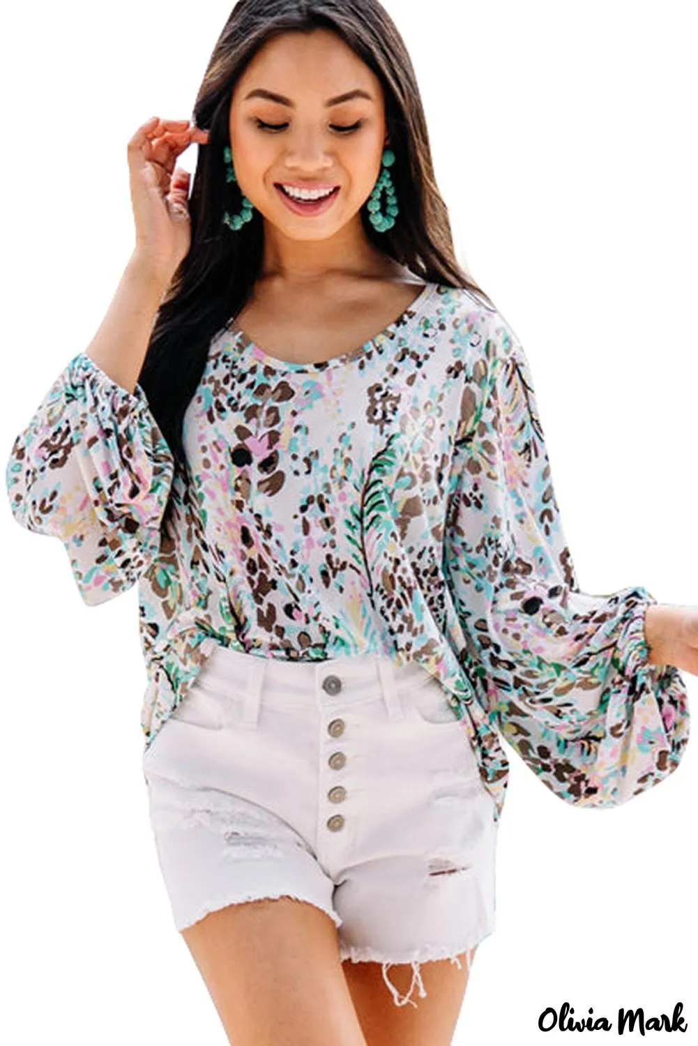 Deanwangkt - Green Floral Print Puff Sleeve Loose Blouse