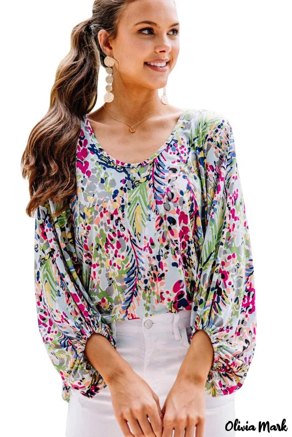 Deanwangkt - Green Floral Print Puff Sleeve Loose Blouse