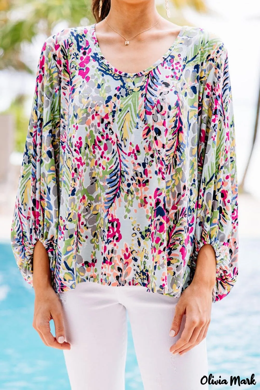 Deanwangkt - Green Floral Print Puff Sleeve Loose Blouse
