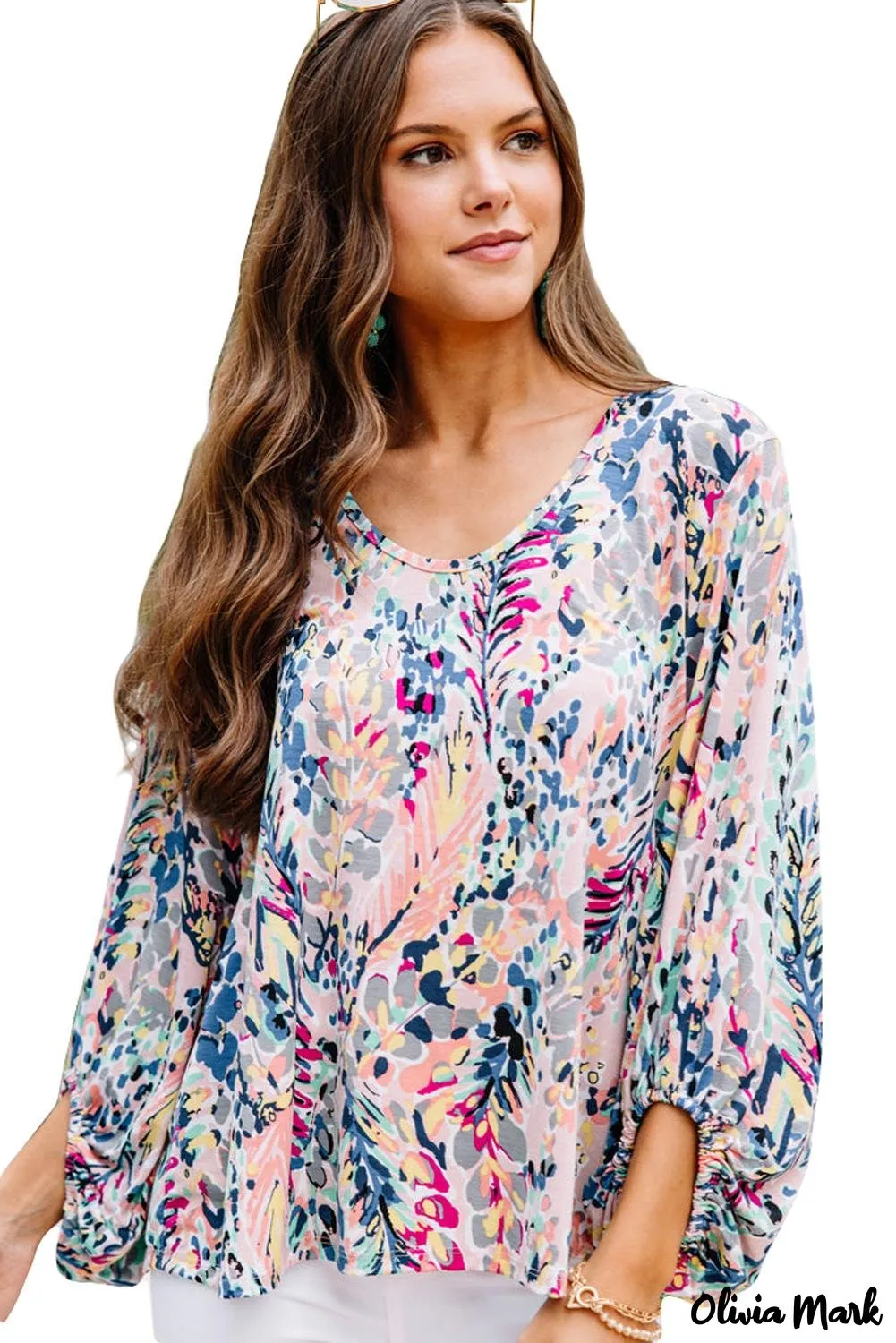 Deanwangkt - Green Floral Print Puff Sleeve Loose Blouse