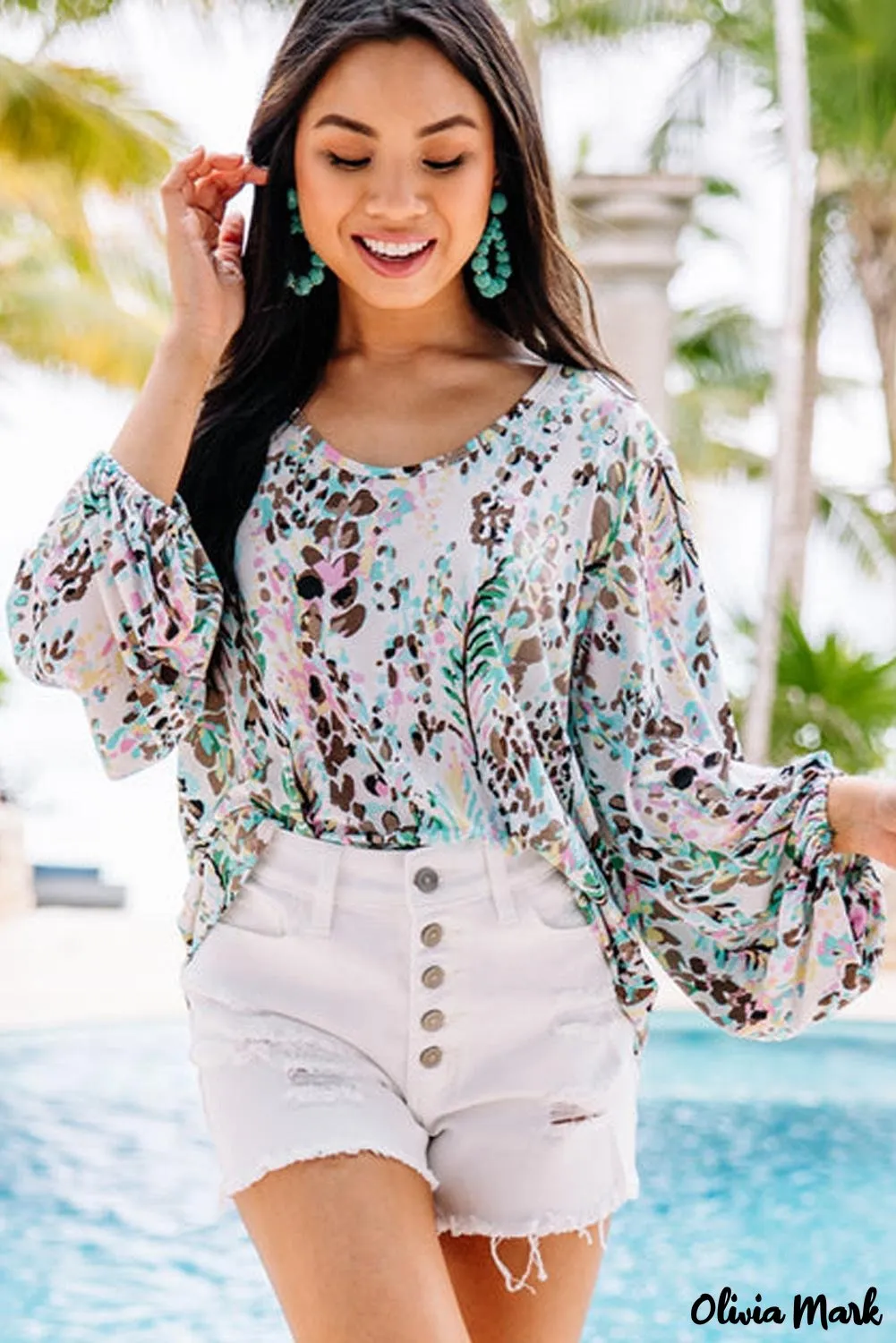 Deanwangkt - Green Floral Print Puff Sleeve Loose Blouse
