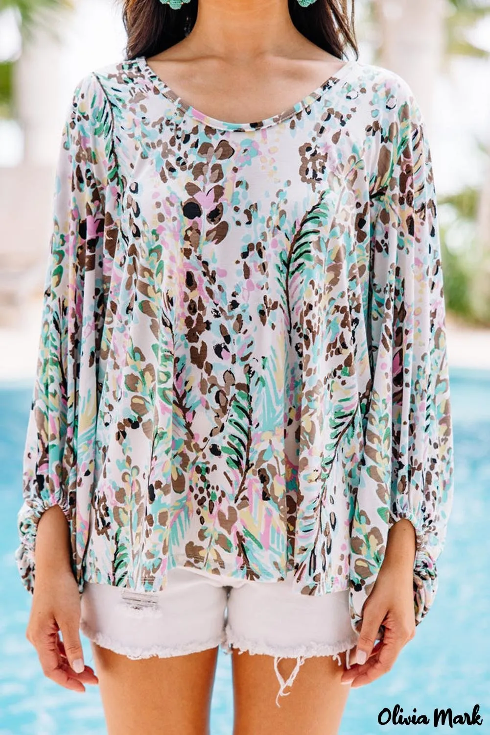 Deanwangkt - Green Floral Print Puff Sleeve Loose Blouse