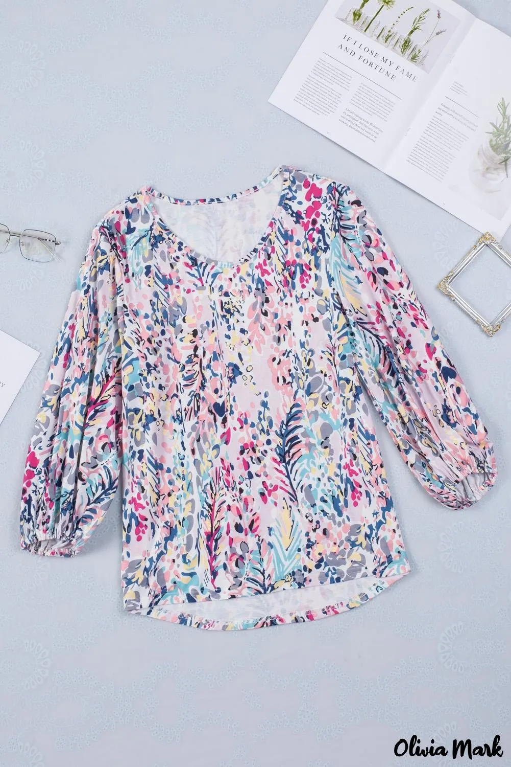 Deanwangkt - Green Floral Print Puff Sleeve Loose Blouse