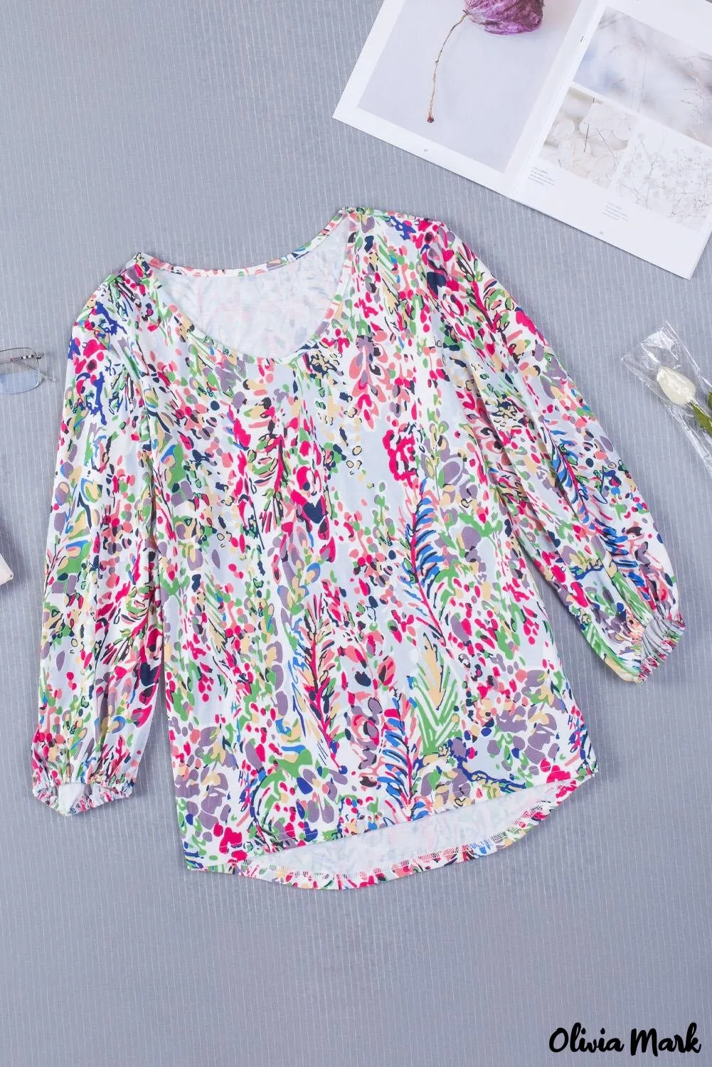 Deanwangkt - Green Floral Print Puff Sleeve Loose Blouse