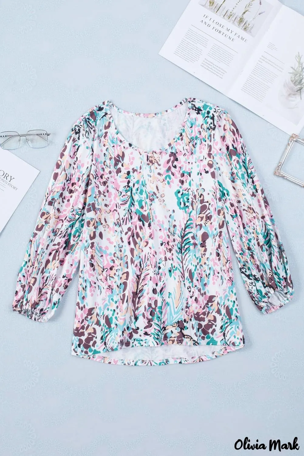 Deanwangkt - Green Floral Print Puff Sleeve Loose Blouse