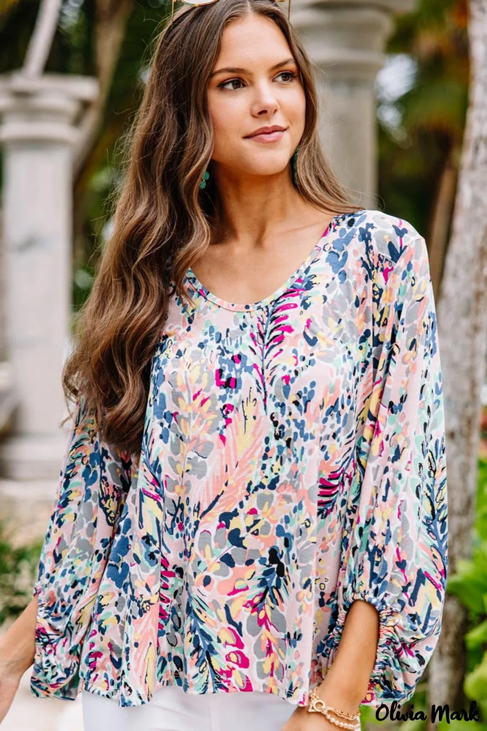 Deanwangkt - Green Floral Print Puff Sleeve Loose Blouse